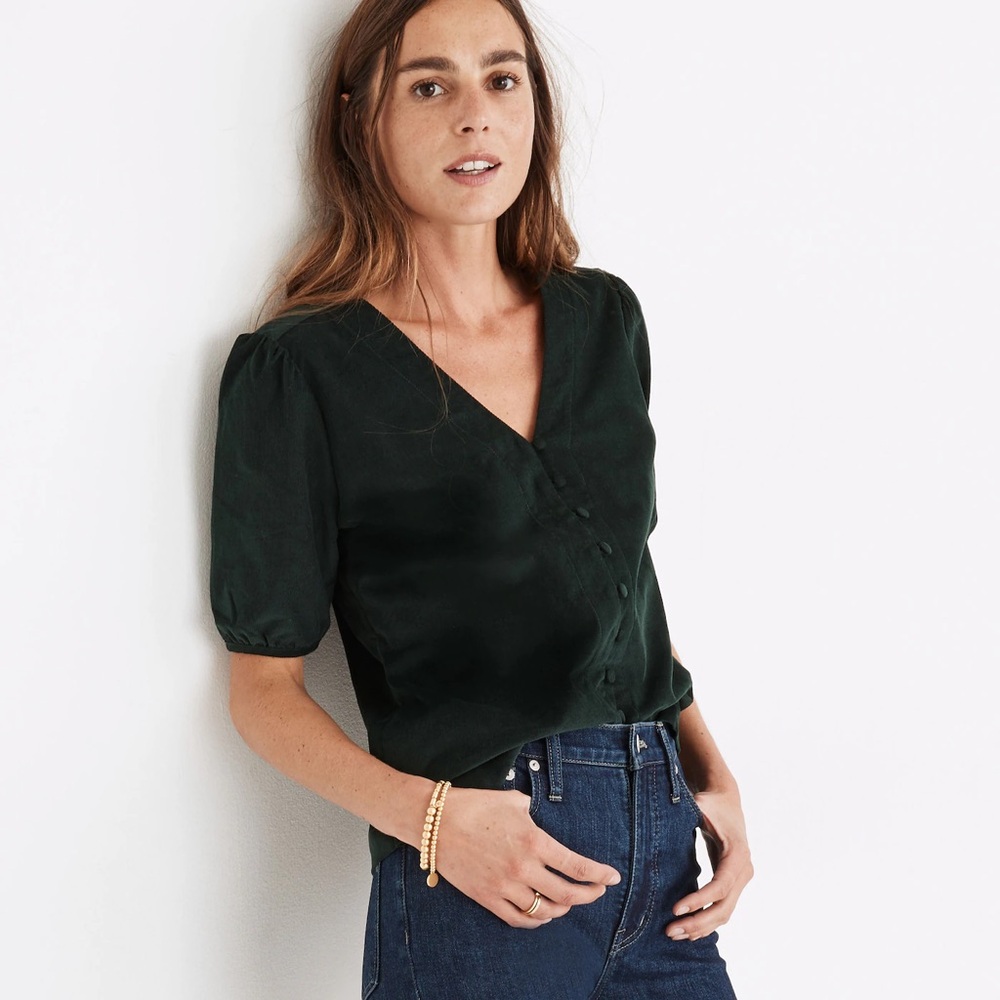 Madewell Corduroy Puff-Sleeve Button-Front Top